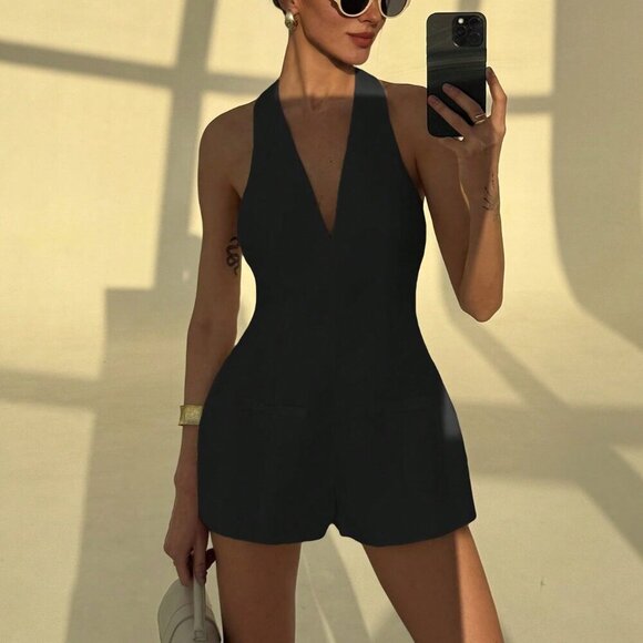 Black Sexy Women's Plunge Neck Form-Fitting Flared Jumpsuit - Picture 7 of 7